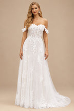 Rutipo Ivory/Champagne A-line 3D Lace Floral Applique Off-the-Shoulder Wedding Dress with Court Train Skirt