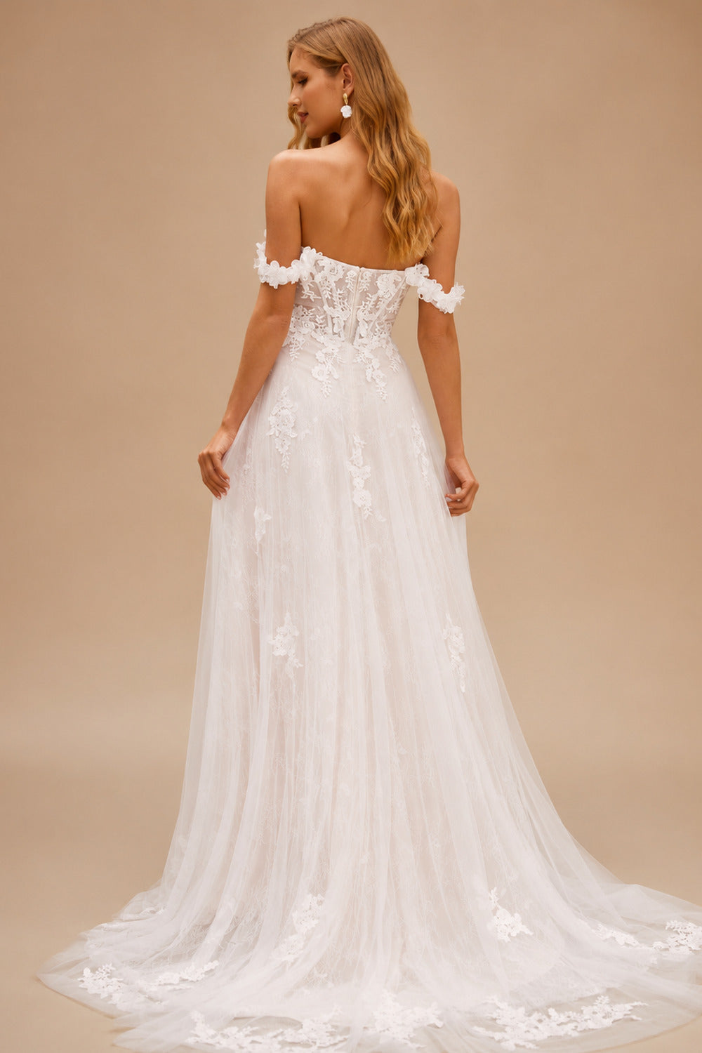 Rutipo Ivory/Champagne A-line 3D Lace Floral Applique Off-the-Shoulder Wedding Dress with Court Train Skirt