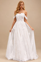 Rutipo Ivory/Champagne A-line 3D Lace Floral Applique Off-the-Shoulder Wedding Dress with Court Train Skirt
