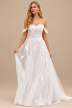Rutipo Ivory/Champagne A-line 3D Lace Floral Applique Off-the-Shoulder Wedding Dress with Court Train Skirt