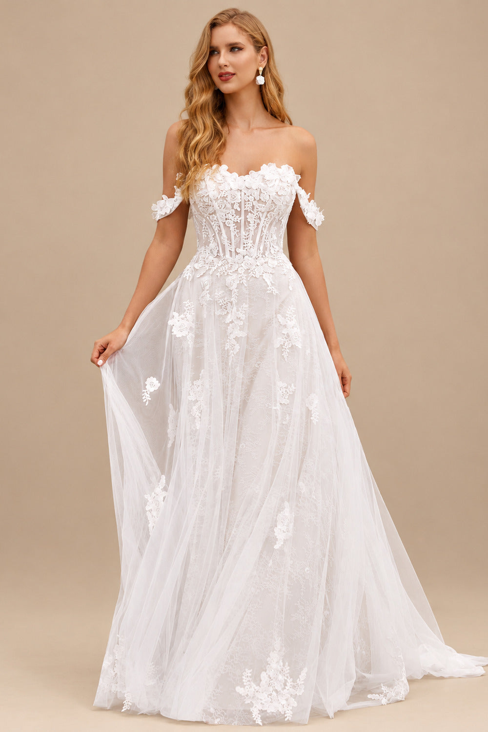 Rutipo Ivory/Champagne A-line 3D Lace Floral Applique Off-the-Shoulder Wedding Dress with Court Train Skirt
