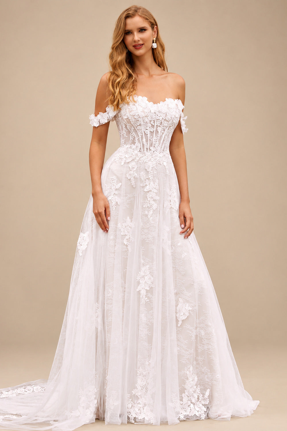 Rutipo Ivory/Champagne A-line 3D Lace Floral Applique Off-the-Shoulder Wedding Dress with Court Train Skirt