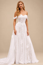 Rutipo Ivory/Champagne A-line 3D Lace Floral Applique Off-the-Shoulder Wedding Dress with Court Train Skirt
