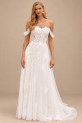 Rutipo Ivory/Champagne A-line 3D Lace Floral Applique Off-the-Shoulder Wedding Dress with Court Train Skirt