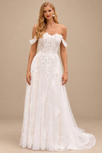 Rutipo Ivory/Champagne A-line 3D Lace Floral Applique Off-the-Shoulder Wedding Dress with Court Train Skirt