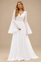 Rutipo Ivory Boho A-line V Neck Chiffon Sweep Train Wedding Dress with Sheer Bell Sleeves Floral Applique Bodice