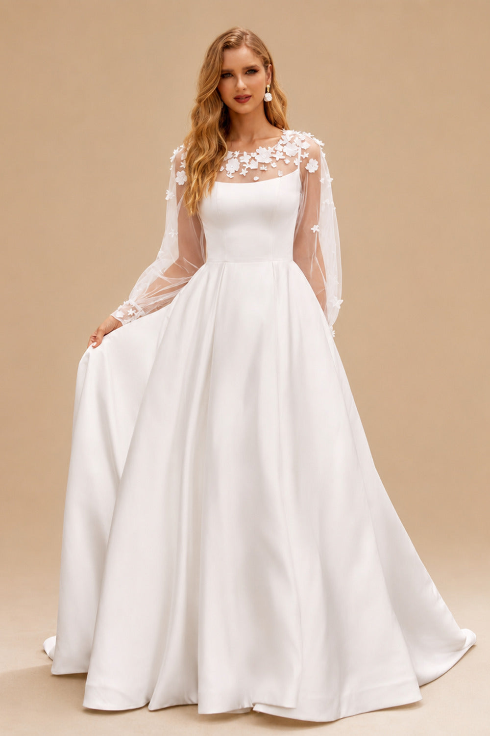 Rutipo Ivory Elegant 3D Floral Puff Sleeve Satin Chapel Train Wedding Dress with Pleated