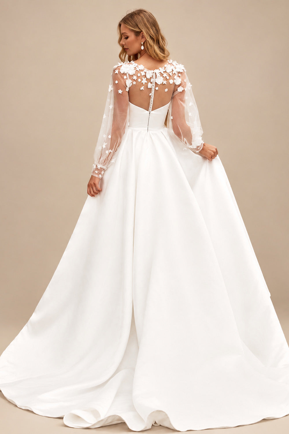Rutipo Ivory Elegant 3D Floral Puff Sleeve Satin Chapel Train Wedding Dress with Pleated