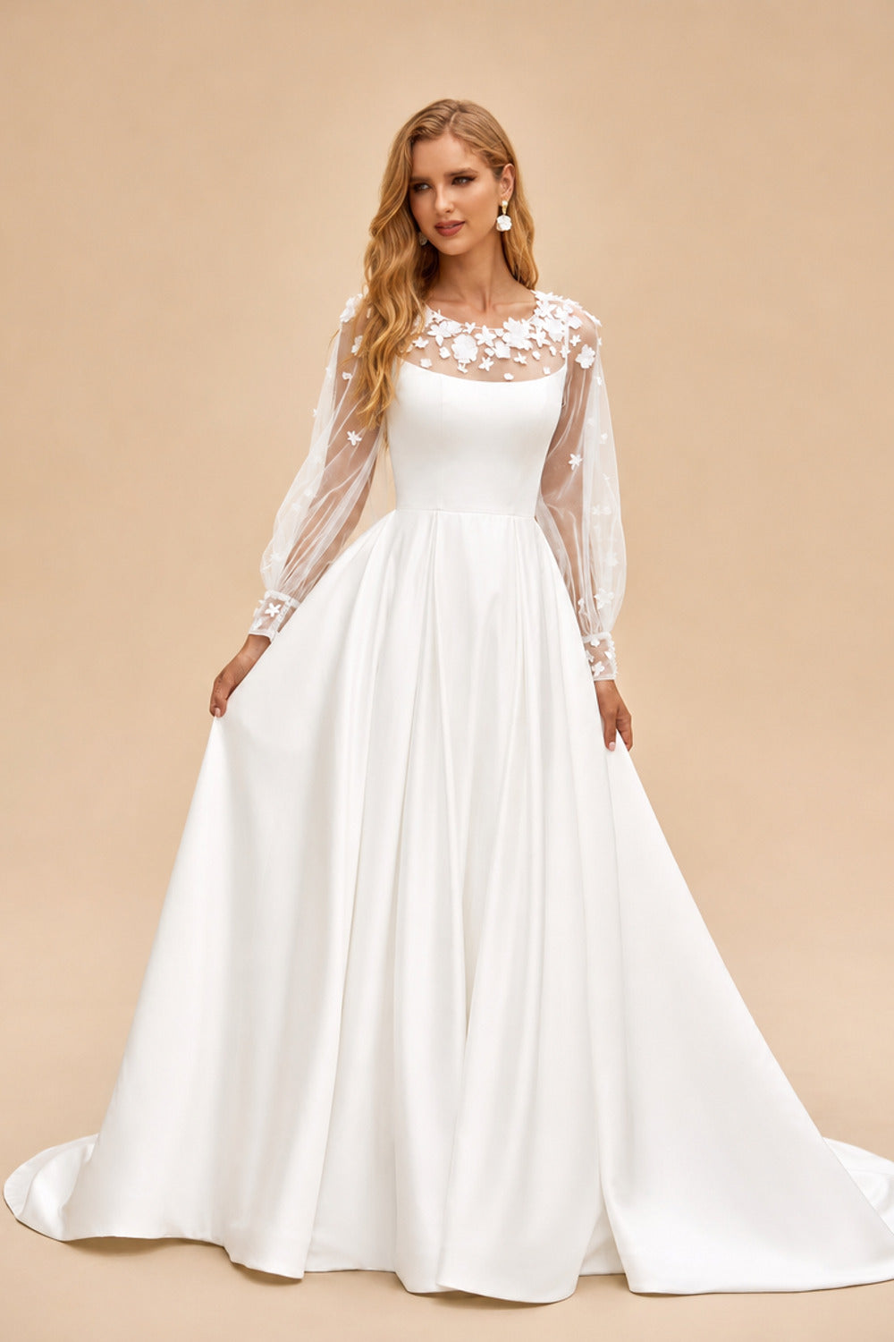 Rutipo Ivory Elegant 3D Floral Puff Sleeve Satin Chapel Train Wedding Dress with Pleated