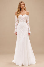 Rutipo Ivory Delicate Off-the-Shoulder Lace Sheer Corset Wedding Dress