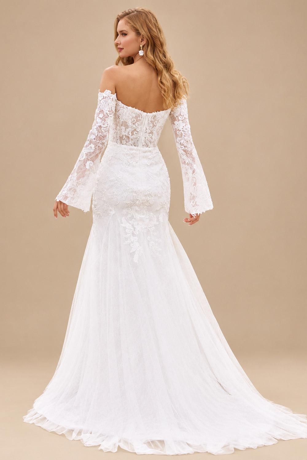 Rutipo Ivory Delicate Off-the-Shoulder Lace Sheer Corset Wedding Dress