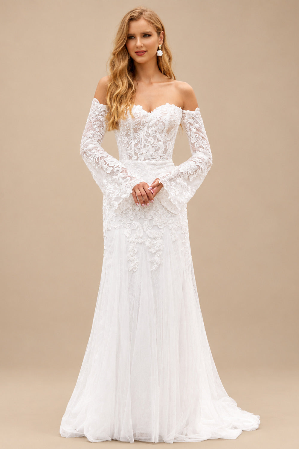 Rutipo Ivory Delicate Off-the-Shoulder Lace Sheer Corset Wedding Dress