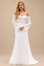 Rutipo Ivory Delicate Off-the-Shoulder Lace Sheer Corset Wedding Dress