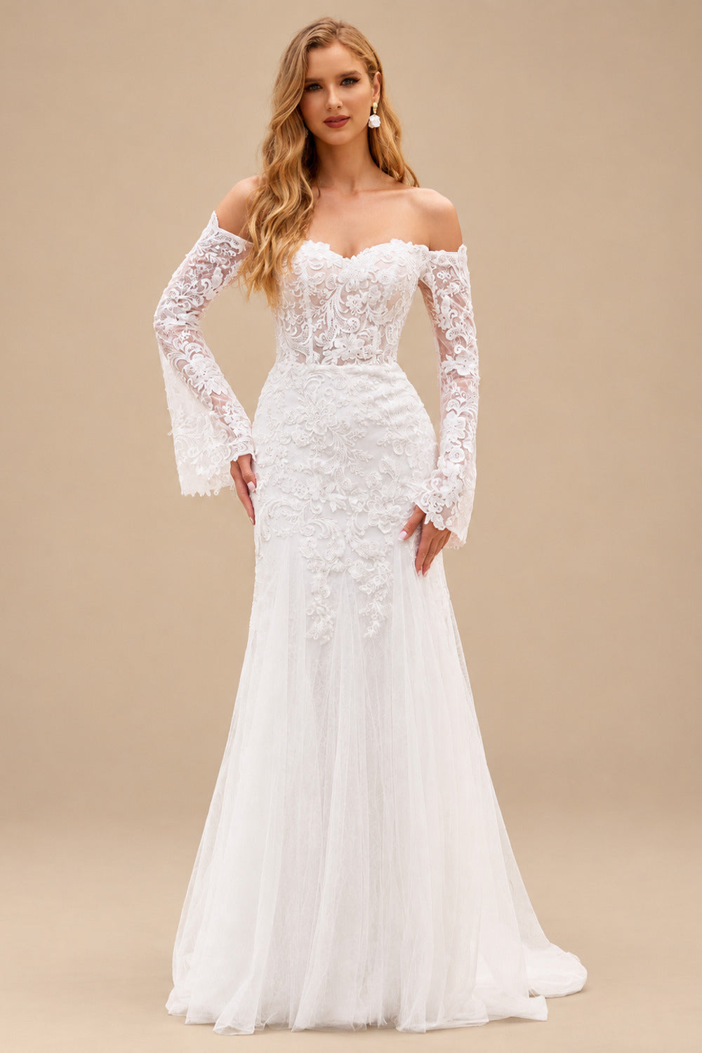 Rutipo Ivory Delicate Off-the-Shoulder Lace Sheer Corset Wedding Dress