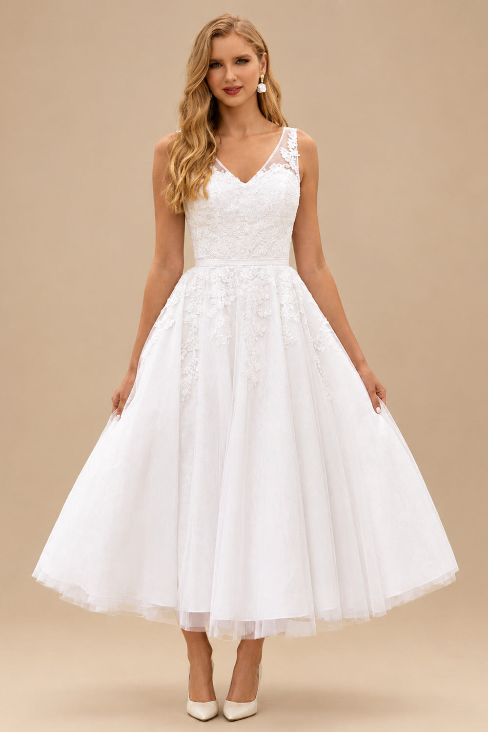 Rutipo White Chic Sleeveless Tulle Tea-Length Wedding Dress with Floral Lace