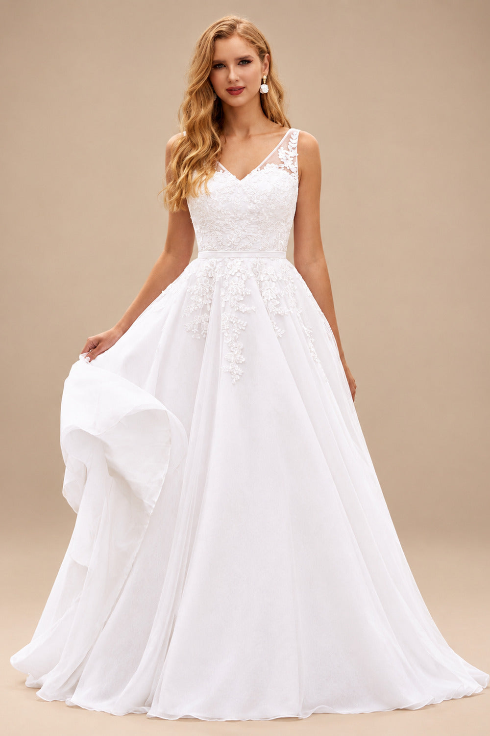 Rutipo White Chic Sleeveless Tulle Tea-Length Wedding Dress with Floral Lace