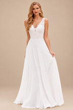 Rutipo Ivory A-line Chiffon Lace Illusion Bodice Wedding Dress with Keyhole Back