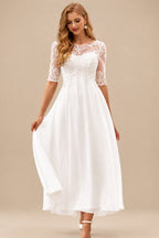 Rutipo Ivory A-line Bateau Half Sleeve Tea-Length Chiffon Wedding Dress with Lace