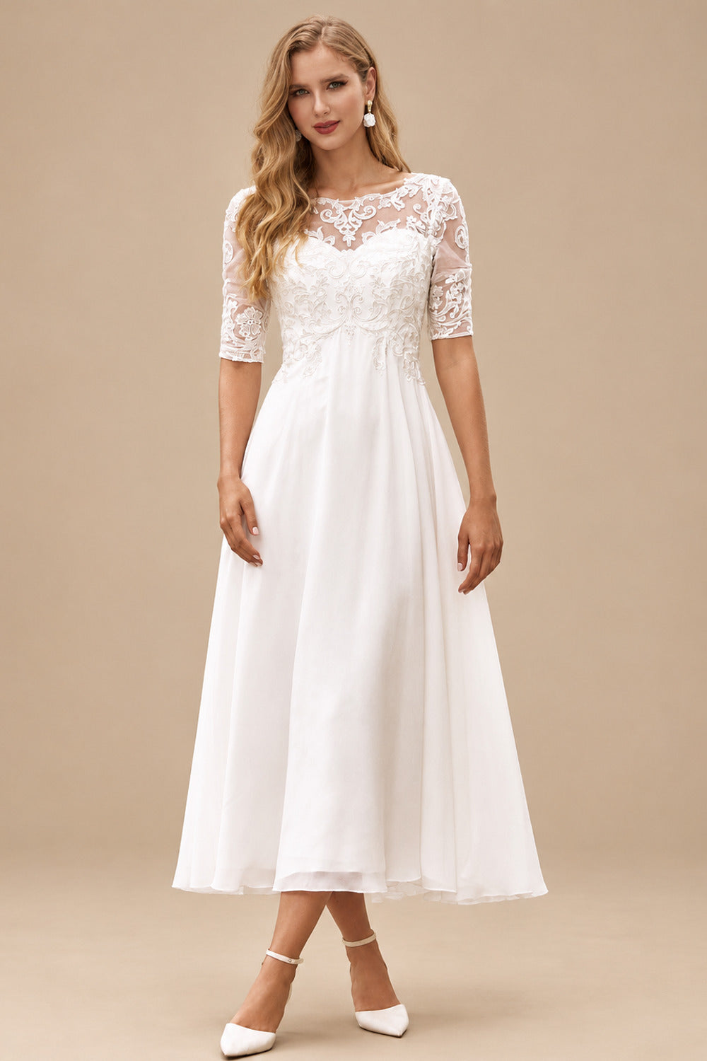Rutipo Ivory A-line Bateau Half Sleeve Tea-Length Chiffon Wedding Dress with Lace
