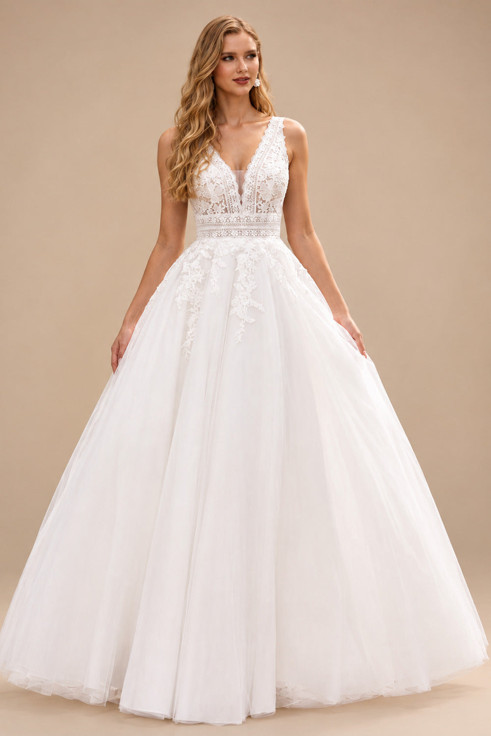 Rutipo Ivory Romantic A-line Plunging V Neck Wedding Dress with Lace Sheer Corset