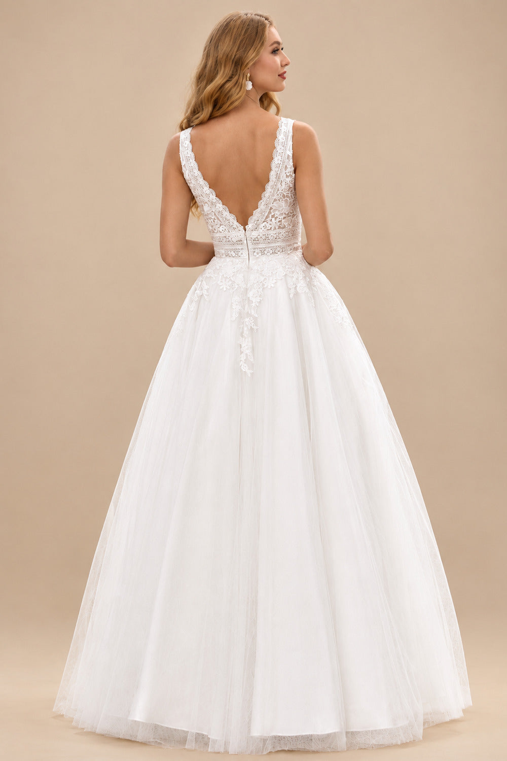 Rutipo Ivory Romantic A-line Plunging V Neck Wedding Dress with Lace Sheer Corset