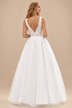 Rutipo Ivory Romantic A-line Plunging V Neck Wedding Dress with Lace Sheer Corset