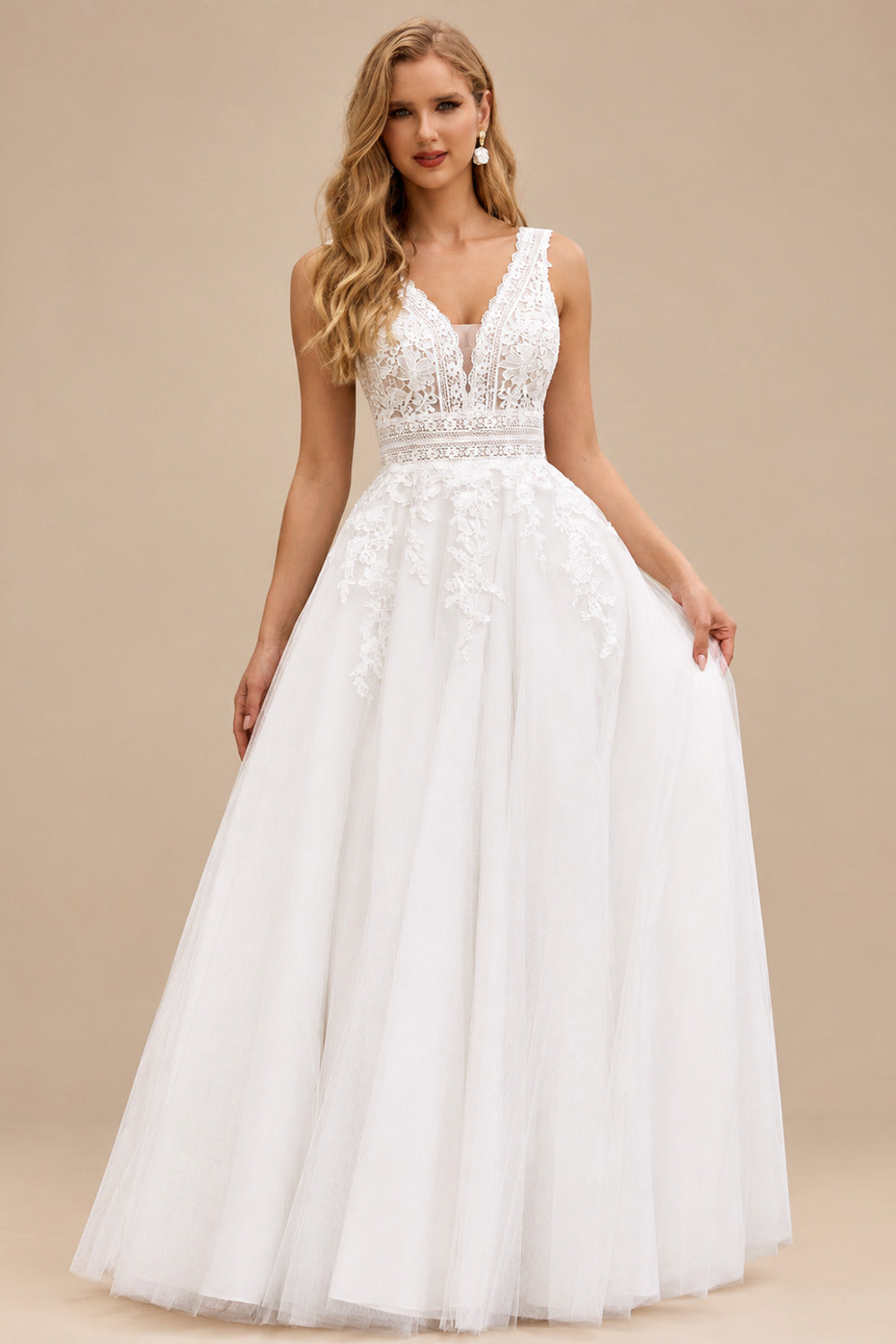Rutipo Ivory Romantic A-line Plunging V Neck Wedding Dress with Lace Sheer Corset