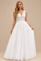 Rutipo Ivory Romantic A-line Plunging V Neck Wedding Dress with Lace Sheer Corset
