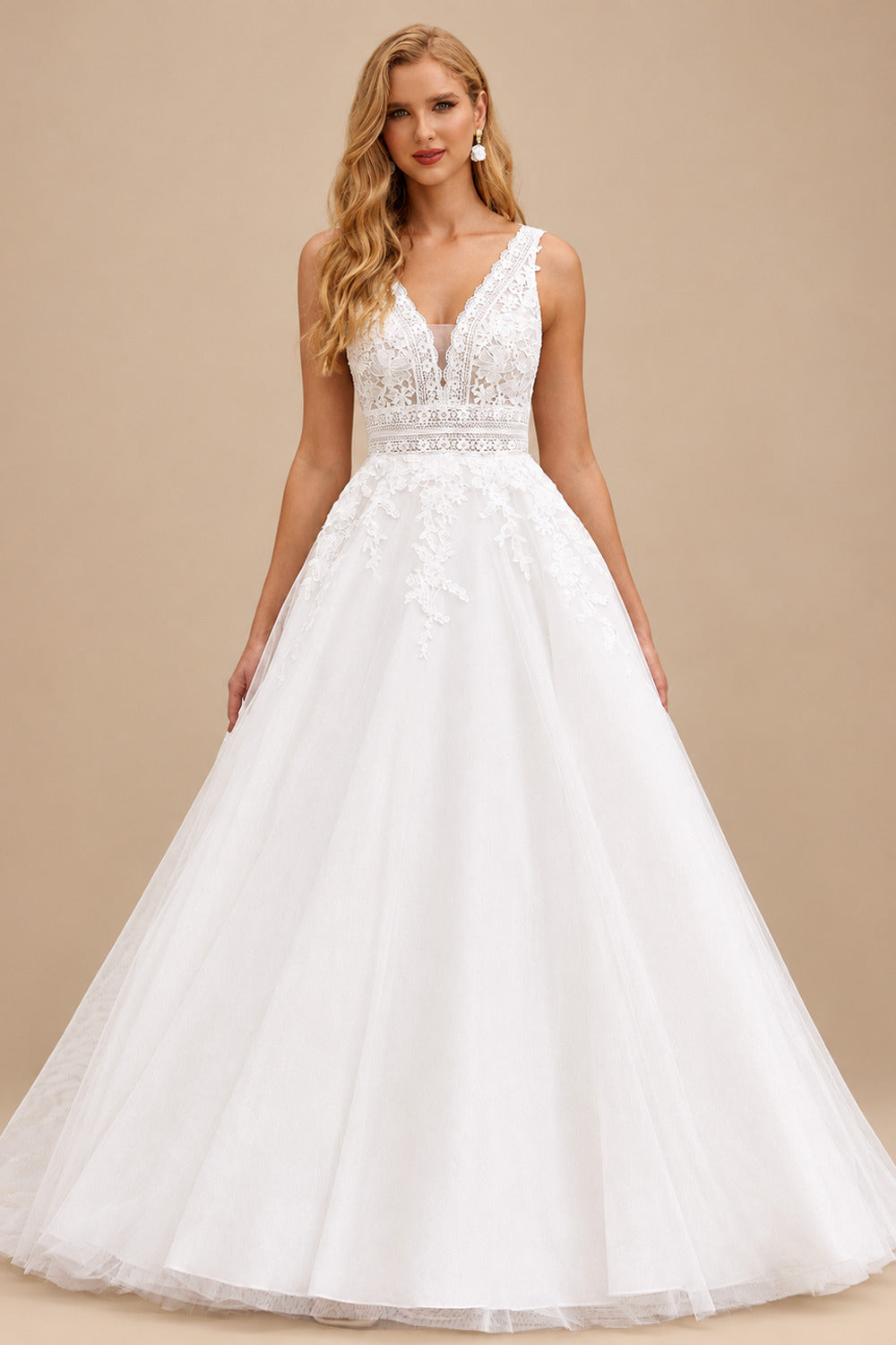 Rutipo Ivory Romantic A-line Plunging V Neck Wedding Dress with Lace Sheer Corset