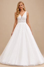 Rutipo Ivory Romantic A-line Plunging V Neck Wedding Dress with Lace Sheer Corset