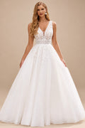 Rutipo Ivory Romantic A-line Plunging V Neck Wedding Dress with Lace Sheer Corset