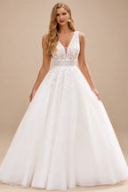 Rutipo Ivory Romantic A-line Plunging V Neck Wedding Dress with Lace Sheer Corset