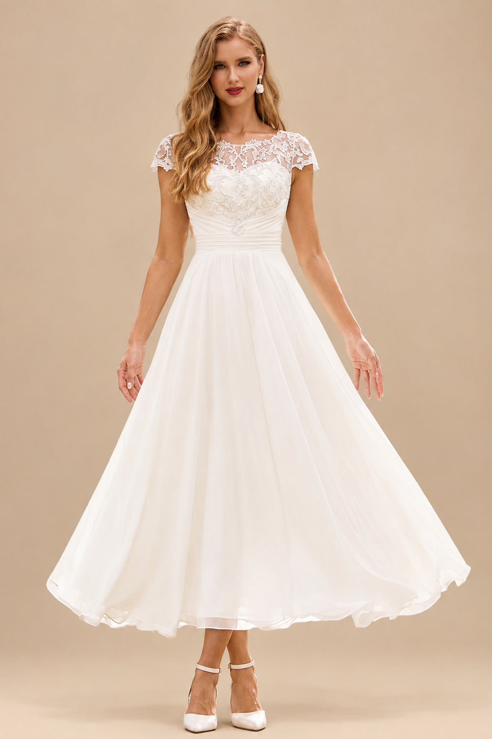 Rutipo Ivory Vintage A-line Lace Chiffon Tea-Length Wedding Dress with Cap Sleeves