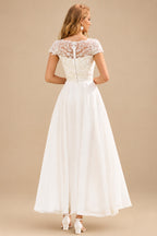Rutipo Ivory Vintage A-line Lace Chiffon Tea-Length Wedding Dress with Cap Sleeves