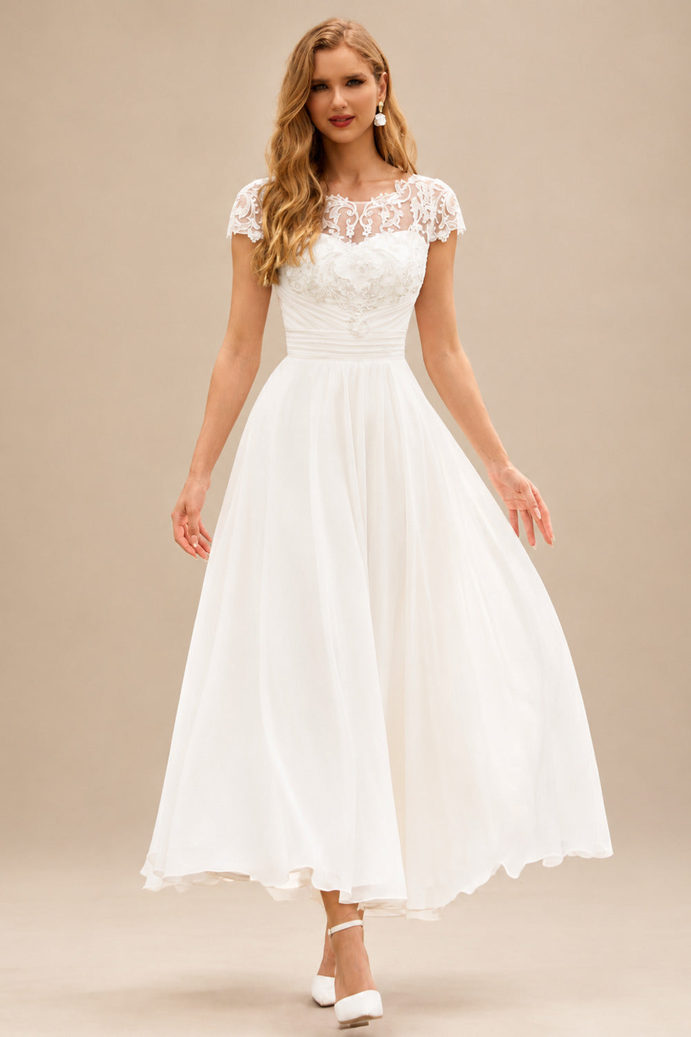Rutipo Ivory Vintage A-line Lace Chiffon Tea-Length Wedding Dress with Cap Sleeves