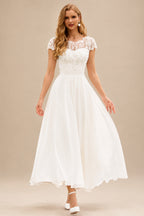 Rutipo Ivory Vintage A-line Lace Chiffon Tea-Length Wedding Dress with Cap Sleeves