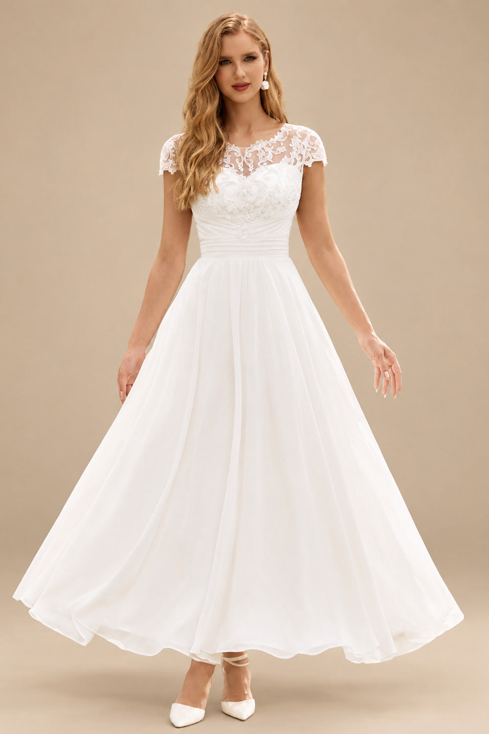Rutipo Ivory Vintage A-line Lace Chiffon Tea-Length Wedding Dress with Cap Sleeves