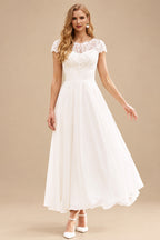 Rutipo Ivory Vintage A-line Lace Chiffon Tea-Length Wedding Dress with Cap Sleeves