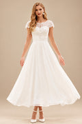 Rutipo Ivory Vintage A-line Lace Chiffon Tea-Length Wedding Dress with Cap Sleeves