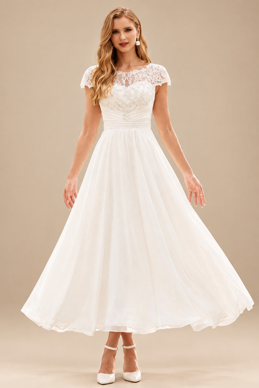 Rutipo Ivory Vintage A-line Lace Chiffon Tea-Length Wedding Dress with Cap Sleeves