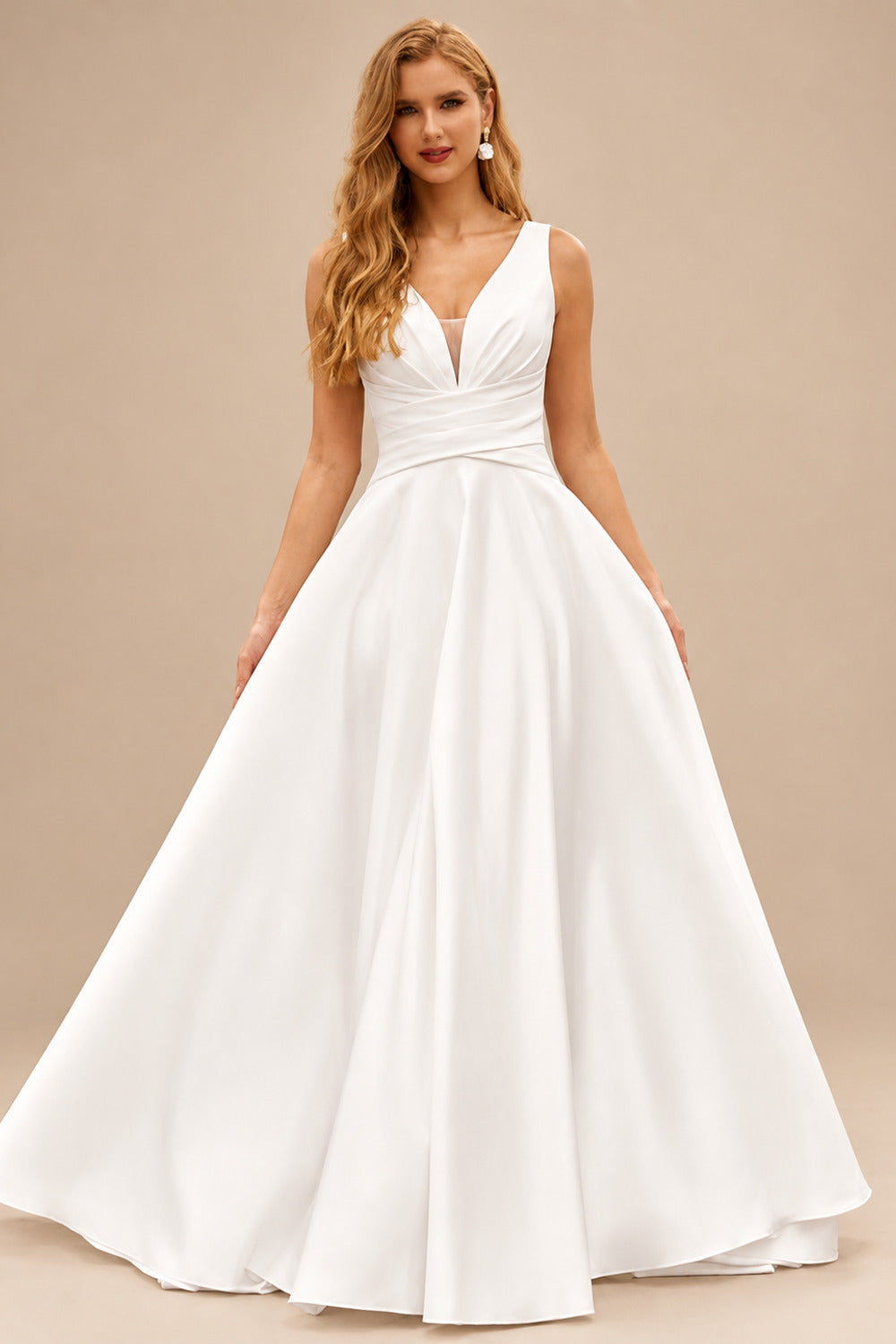 Rutipo Ivory Classic A-line V Neck Satin Court Train Wedding Dress with Pleated