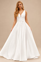 Rutipo Ivory Classic A-line V Neck Satin Court Train Wedding Dress with Pleated