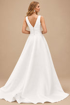 Rutipo Ivory Classic A-line V Neck Satin Court Train Wedding Dress with Pleated