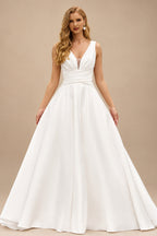 Rutipo Ivory Classic A-line V Neck Satin Court Train Wedding Dress with Pleated