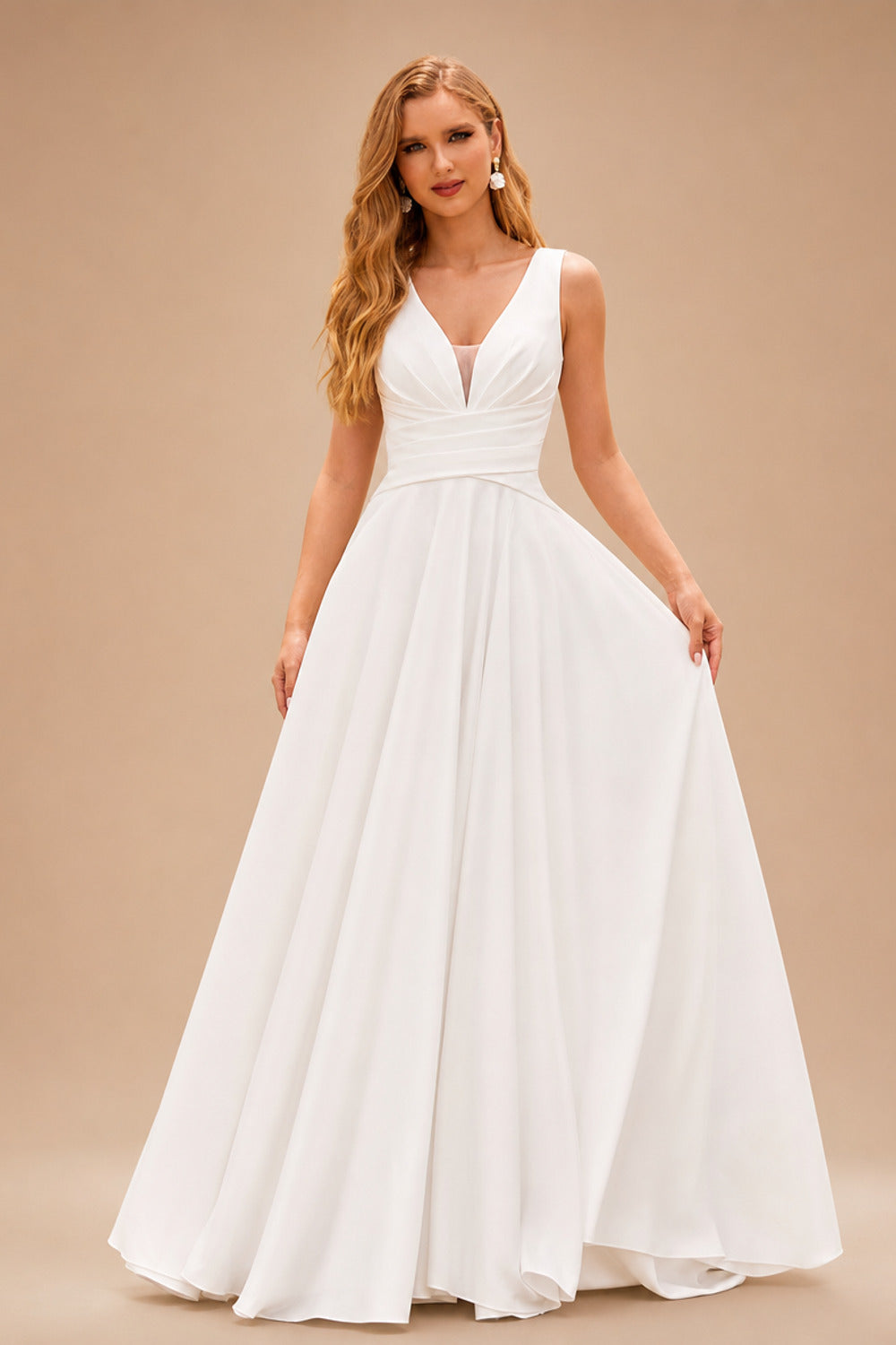 Rutipo Ivory Classic A-line V Neck Satin Court Train Wedding Dress with Pleated