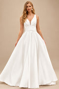 Rutipo Ivory Classic A-line V Neck Satin Court Train Wedding Dress with Pleated