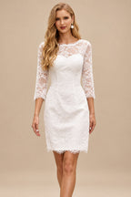 Rutipo Ivory Exquisite Bateau Lace 3/4 Sleeves Sheath Short Reception Wedding Dress