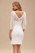 Rutipo Ivory Exquisite Bateau Lace 3/4 Sleeves Sheath Short Reception Wedding Dress