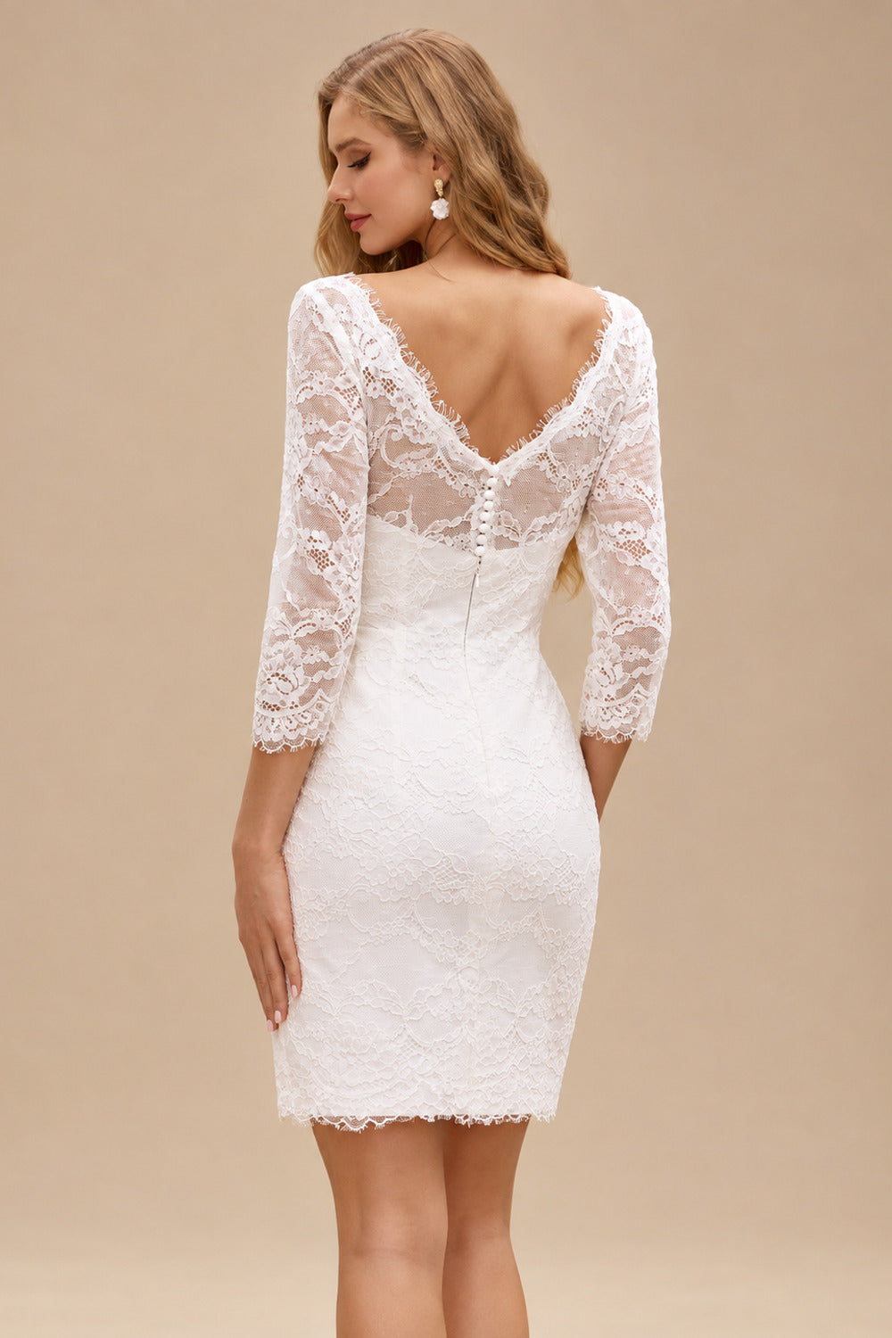 Rutipo Ivory Exquisite Bateau Lace 3/4 Sleeves Sheath Short Reception Wedding Dress