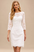Rutipo Ivory Exquisite Bateau Lace 3/4 Sleeves Sheath Short Reception Wedding Dress